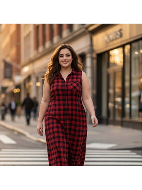 Plus Size Vintage Mossimo Red Black Plaid Sleeveless Grunge Button Maxi Dress 3X